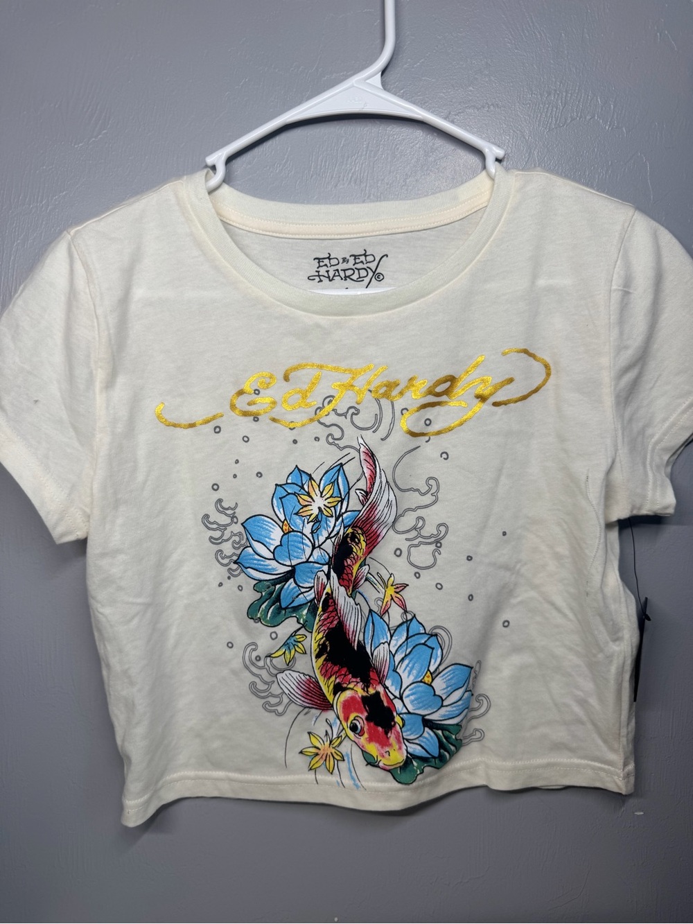 Ed Hardy Ivory Crop Tee with Subtle Logo Detail